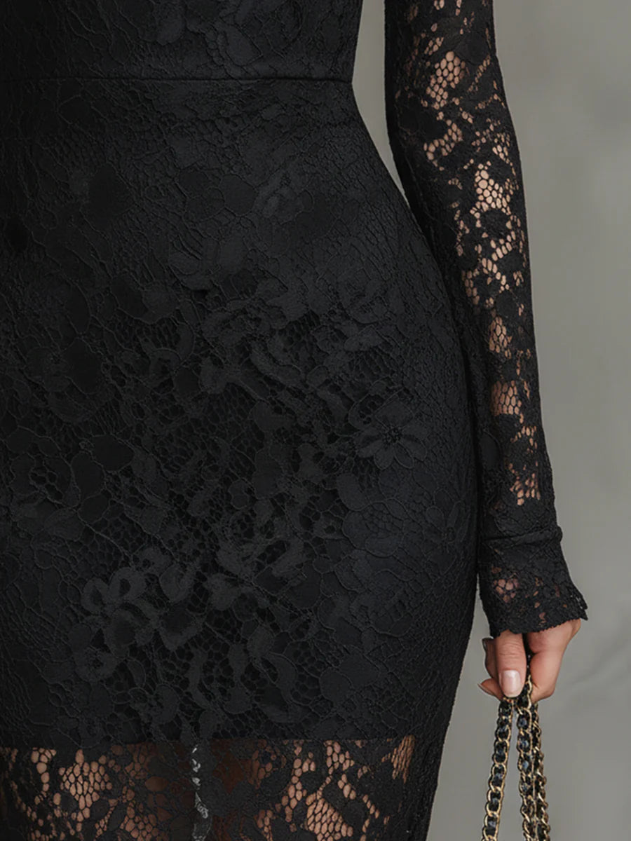 Elwira | Elegancka czarna maxi sukienka z koronką