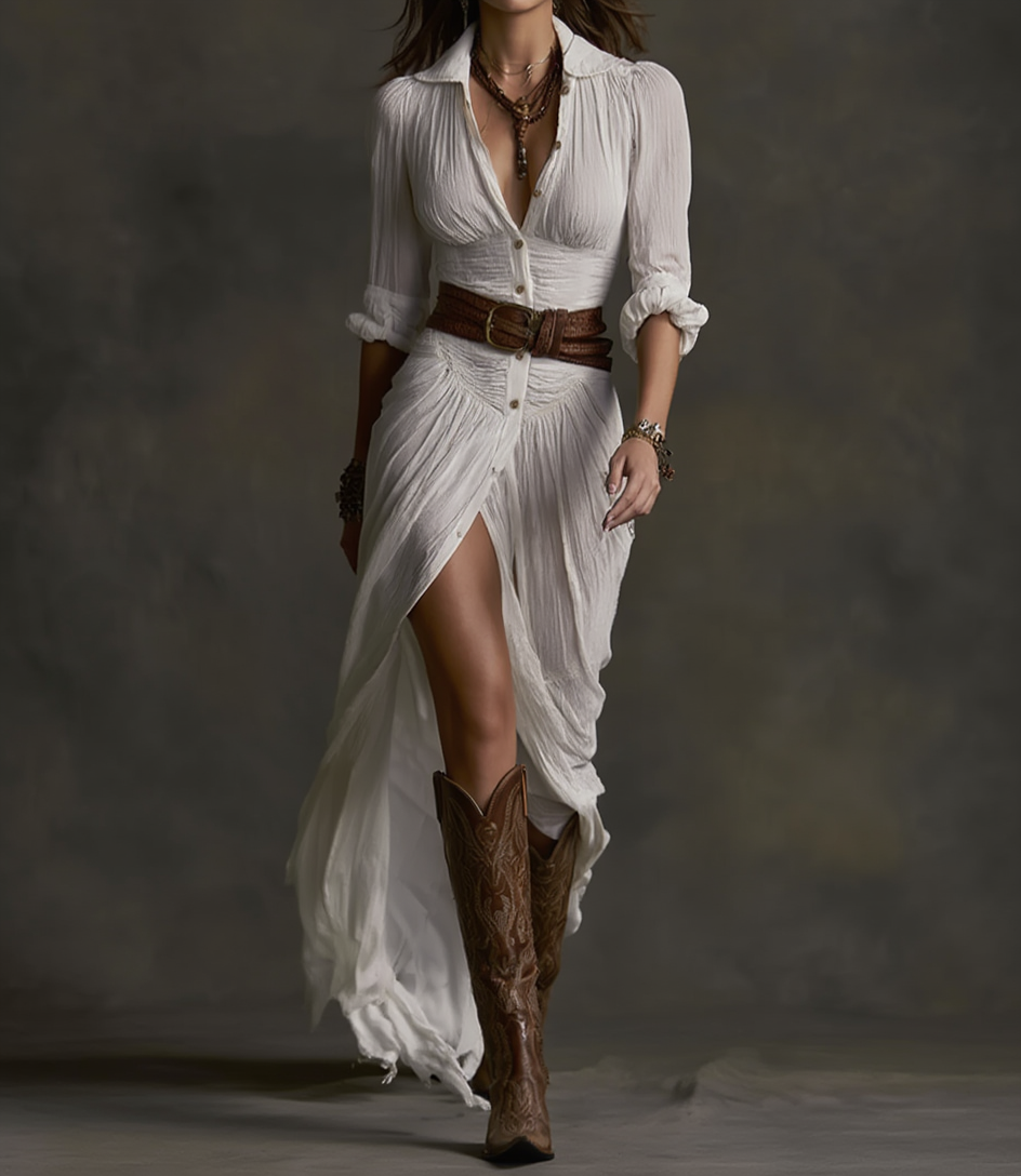 Aurora | Długa Sukienka Lniania z Odwróconym Kołnierzykiem