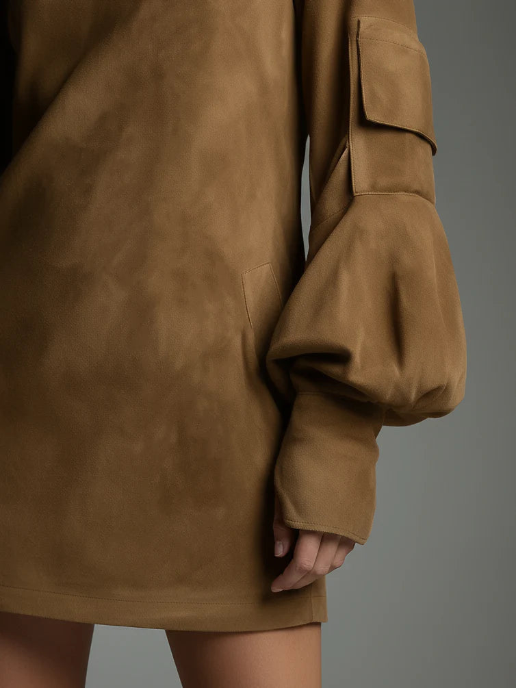 Beli | Luźna sukienka mini z zamszu z wysokim kołnierzem